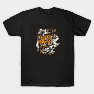 angry-tiger-head-illustration-with-katana-sword T-Shirt